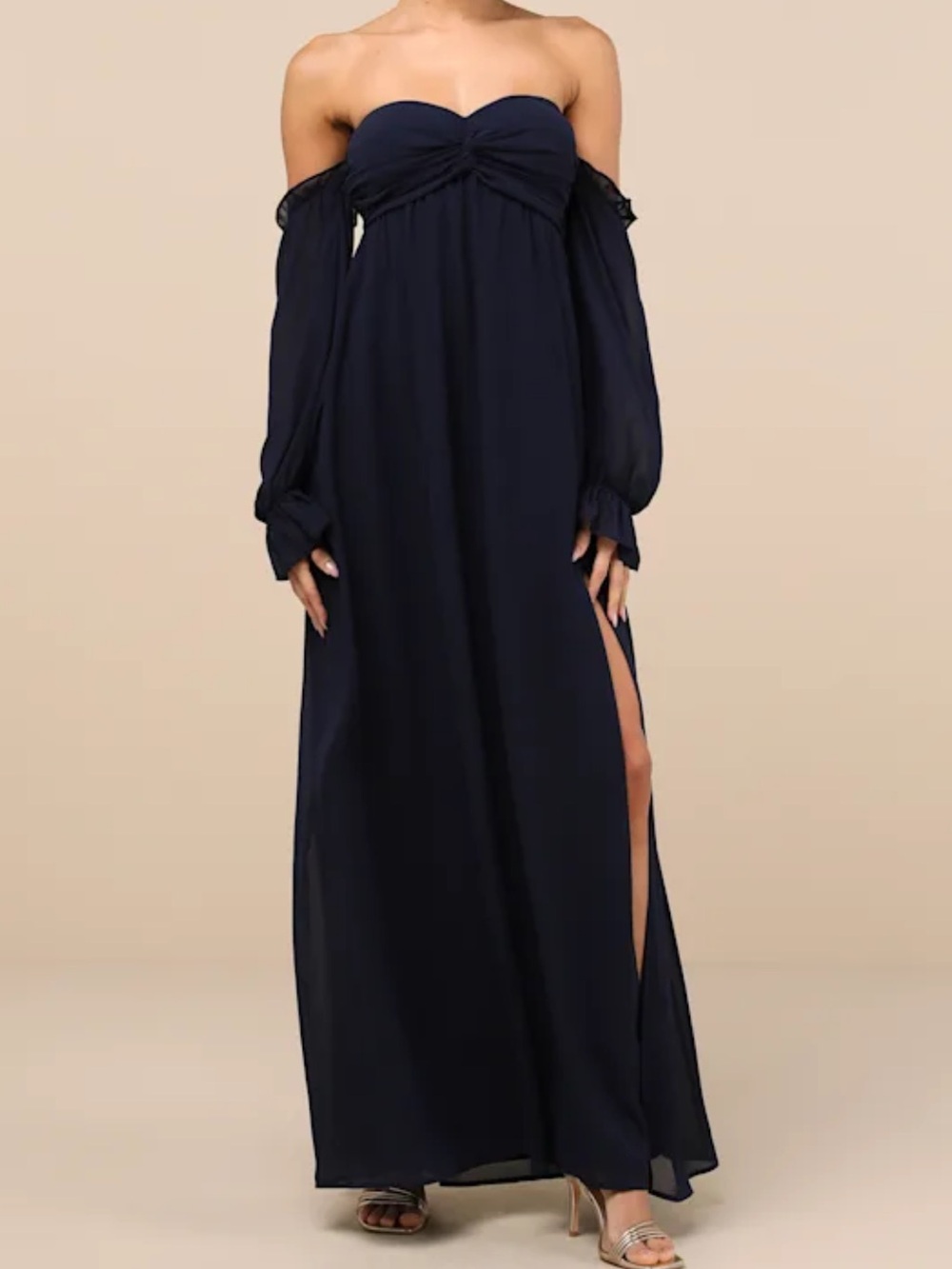 Lulus Glorious Invite Navy Blue Knotted Off-the-Shoulder Maxi Dress